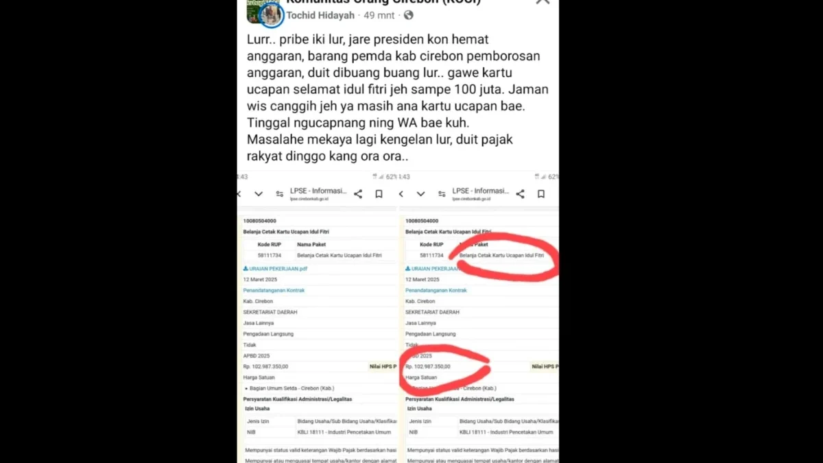 Pemilik akun Tochid Hidayat mengunggah tangkapan layar situs lpse.cirebonkab.go.id di Group KOCI. (FOTO : IST)