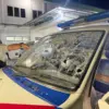 Tampak kaca mobil Satlantas Polres Jayawijaya pecah akibat tembakan yang dilakukan Orang Tak Dikenal (OTK) yan
