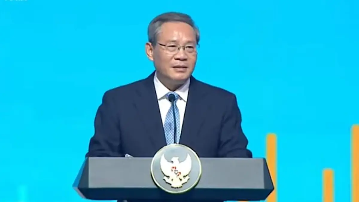 Perdana Menteri (PM) China Li Qiang dalam acara Indonesia-China Business Reception 2025 di Jakarta. (Tangkapan