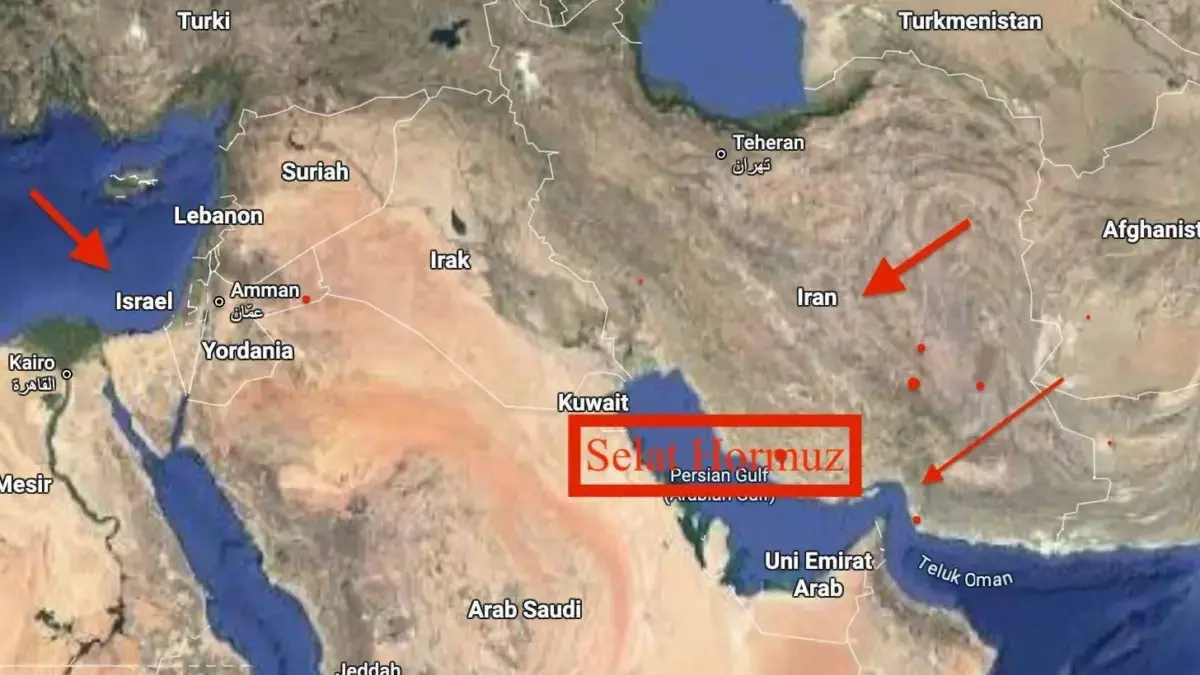 Peta Timur Tengah: Israel dan Iran yang sedang berperang. Selat Hormuz yang terletak antara daratan Iran dan S