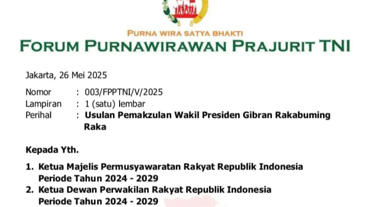 Surat Forum Purnawirawan Prajurit TNI mengenai usulan pemakzulan Gibran Rakabuming Raka dari jabatan Wakil Pre