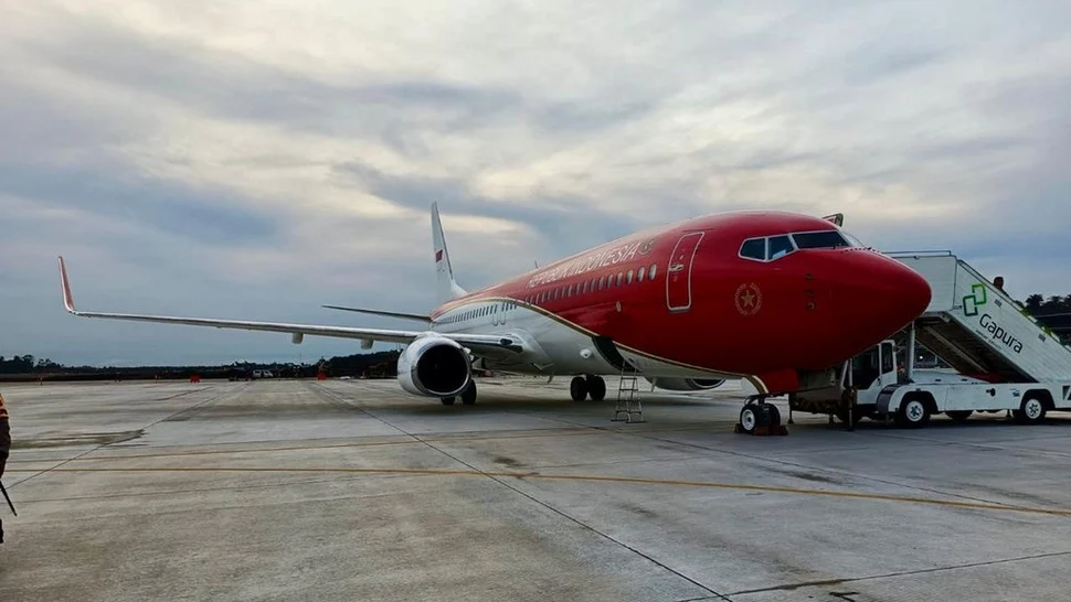 Pesawat Boeing Kepresidenan yang diujicobakan di Bandara IKN, Kamis (11/10/2024). (FOTO/Deputi Bidang Protokol
