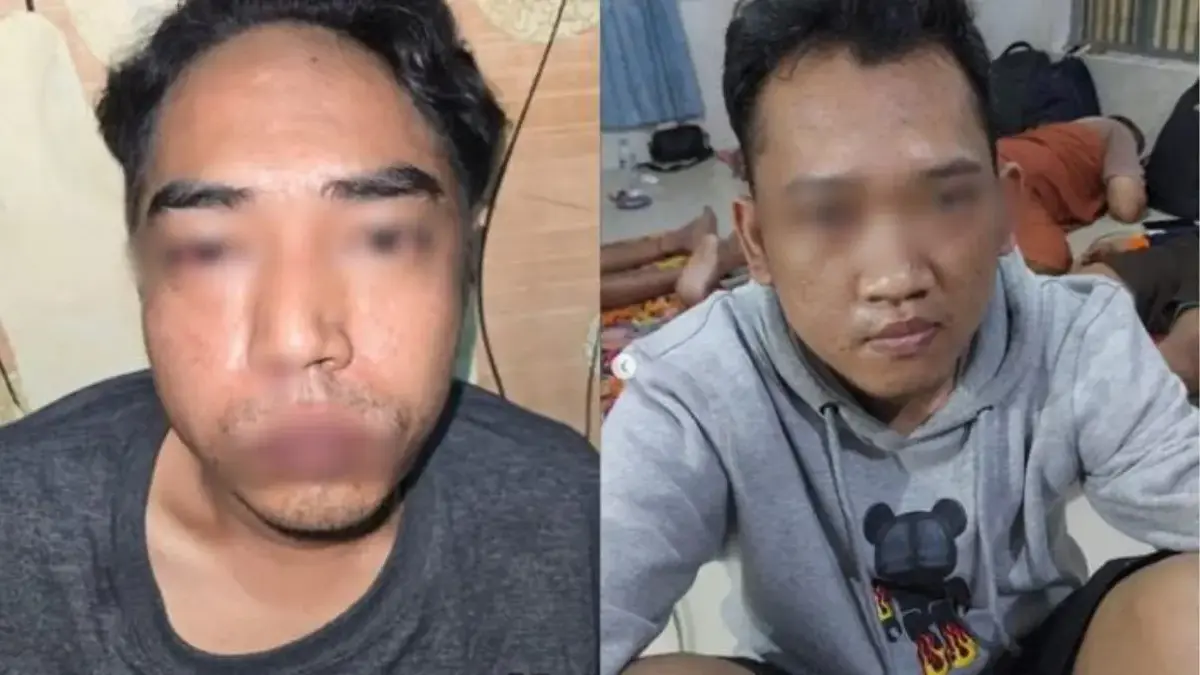 S alias I (kanan) dan P (kiri) terduga pelaku pembunuhan satu keluarga di Indramayu ditangkap polisi, Senin (8