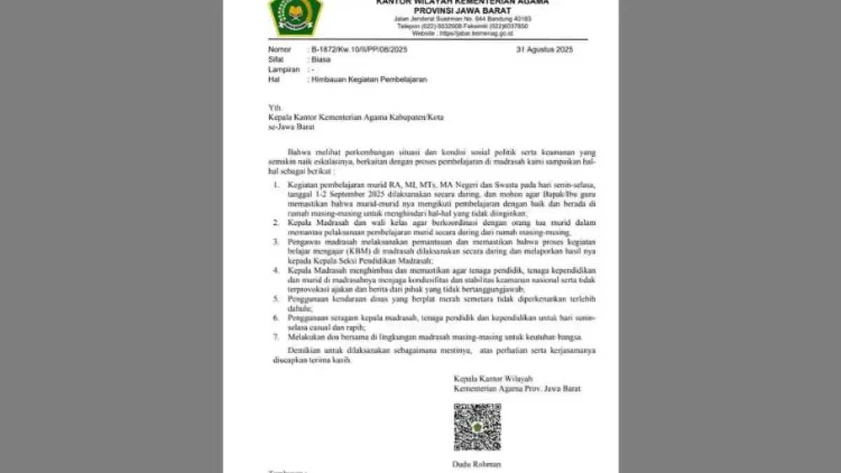 Surat himbauan Kanwil Kemenag Jabar instruksikan belajar daring bagi siswa madrasah. (IST)