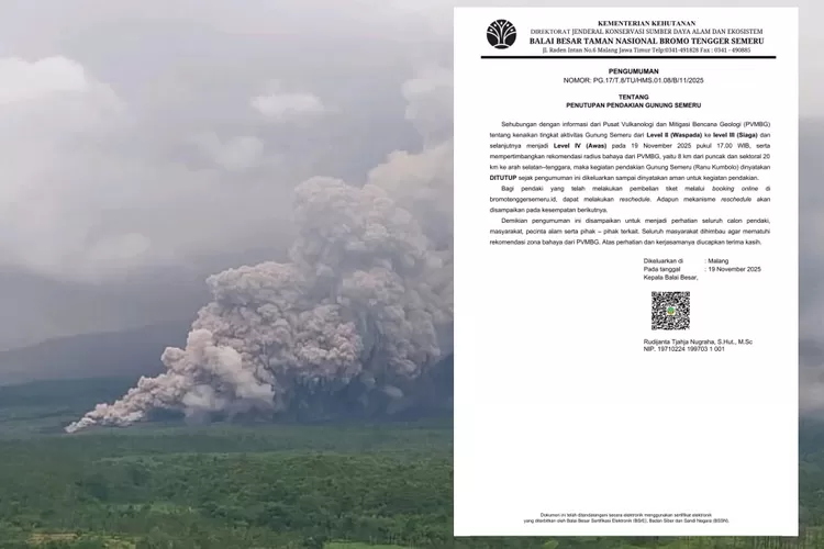 Usai Erupsi, Balai Besar Taman Nasional Bromo Tengger Semeru Tutup Jalur Pendakian Kolase Gunung Semeru meletus dan pengumuman penutupan pendakian Ranu Kumbolo. (PVMBG-BBTNBTS)