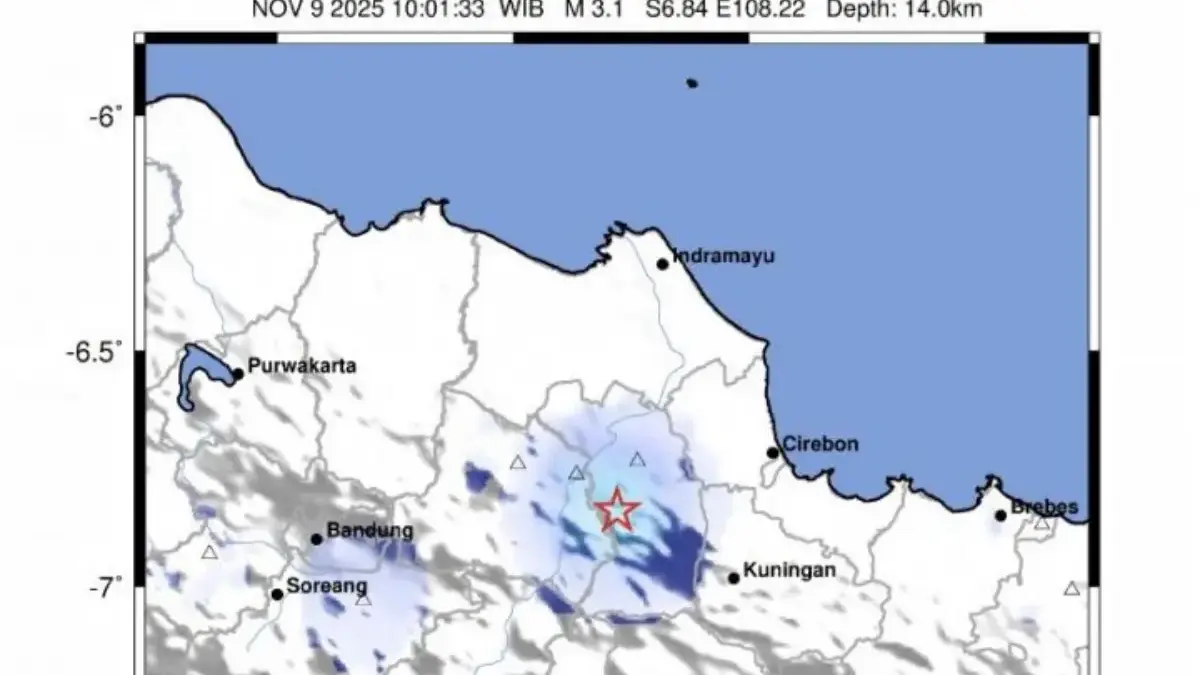 Gambaran gempa bumi di Kabupaten Majalengka, Jawa Barat dengan magnitudo 3,1 Minggu (8/11/2025). (BMKG)