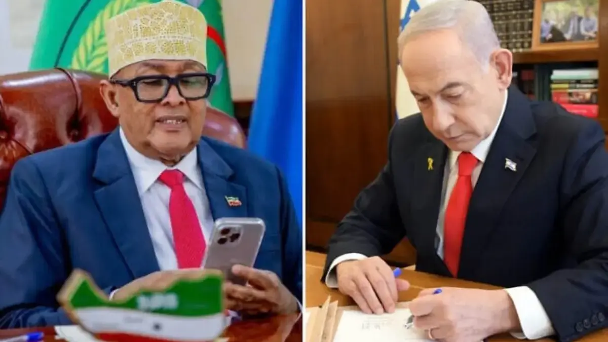 Presiden Somaliland Abdirahman Mohamed Abdullahi (kiri) berbicara kepada Perdana Menteri Benjamin Netanyahu da