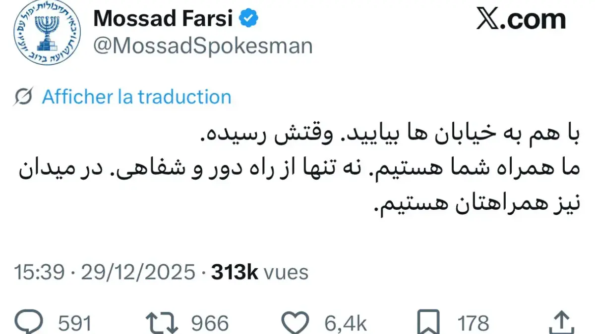 Akun Media Sosial Mossad Desak Warga Iran Protes Turun ke Jalan Tangkapan layar akun X Mossad Farsi