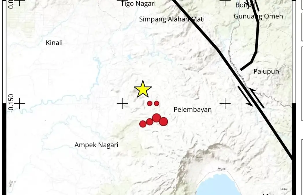 Update peta sebaran gempa dengan magnitudo utama 4.7 di Agam Sumatera Barat diikuti 6 gempa susulan sampai puk