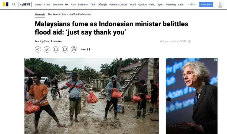 Pernyataan Mendagri Tito Soal Bantuan Bencana dari Malaysia, Media Asing: 'Just Say Thank You!' Dalam laporannya, media ternama asal Hong Kong, South China Morning Post (SCMP), menyoroti reaksi warganet Mal