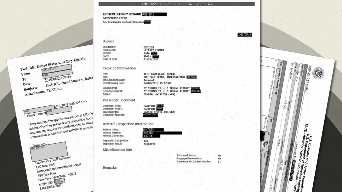 Dokumen yang disunting dari rilis dokumen Jeffrey Epstein pada hari Jumat. | Ilustrasi oleh Bill Kuchman/POLIT