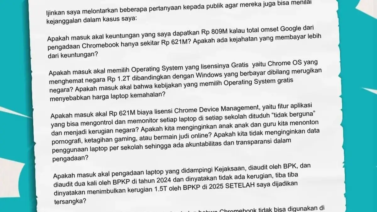 Tak Diizinkan Bicara ke Media, Nadiem Beberkan Kejanggalan Dakwaan Kasus Chromebook Lewat Surat Terbuka Unggahan surat dari Eks Mendikbudristek Nadiem Makarim di akun Instagram @nadiemmakarim, Kamis (8/1/2026).(Tan
