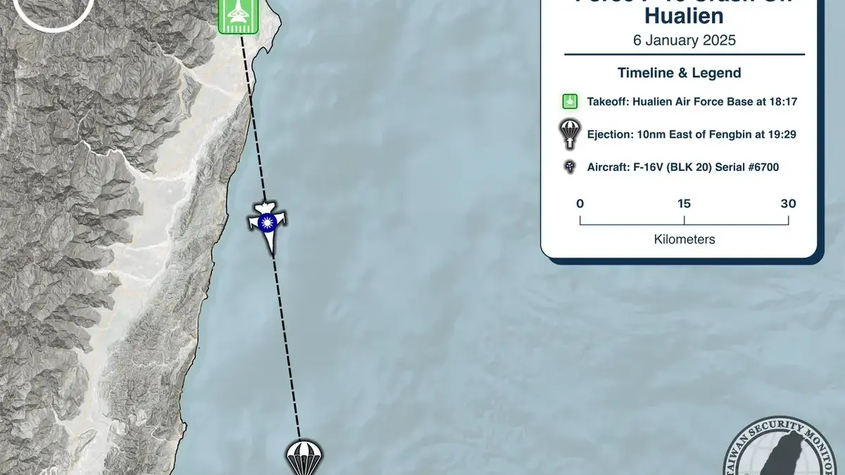 Jet Tempur F-16 Milik Taiwan Jatuh, Pilot Lontarkan Diri di Area Distrik Hualien Dinyatakan Hilang Jet tempur ROCAF F-16V Block 20 yang lepas landas dari Pangkalan Udara Hualien jatuh sekitar 10 mil laut di se